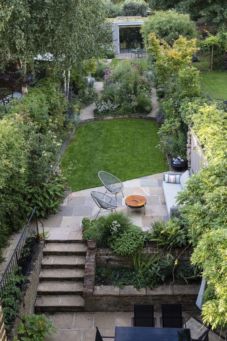 Beautifully landscaped garden with a lush green lawn, cozy seating area, and vibrant plants surrounding a modern patio.