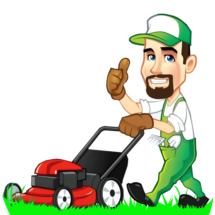 Vector illustration of Jack, the owner of J&R Garden Maintenance, smiling and giving a thumbs up while pushing a red lawnmower.